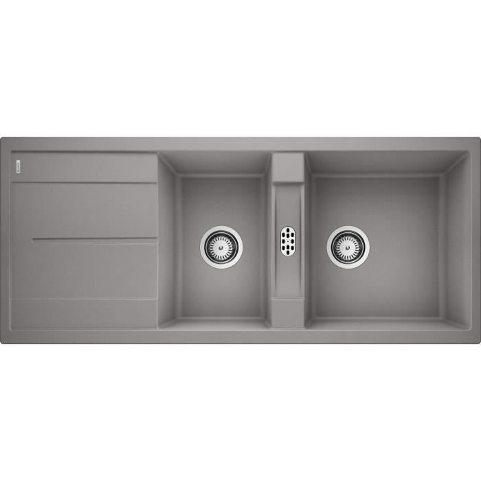 BLANCO Metra 8S - evier - SILGRANIT - 2 cuves - 1 egouttoir reversible - vidage manuel - siphon - alumetallic