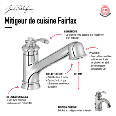 JACOB DELAFON Mitigeur cuisine Fairfax Bec bas chrome douchette extractible