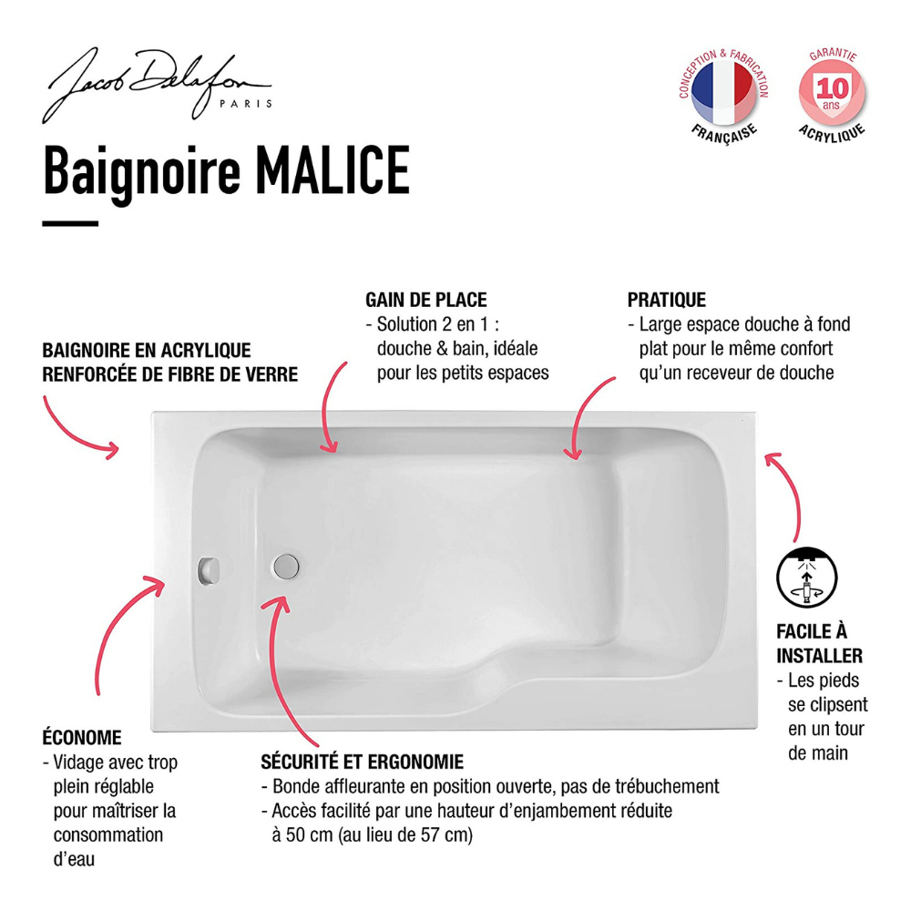 Baignoire bain douche JACOB DELAFON Malice, version gauche | Blanc brillant 170 x 90 3