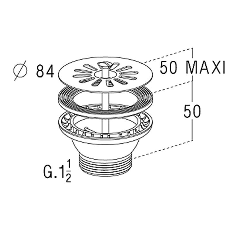 Bonde et vidage plastique à grille pour éviers et synthèse - Diamètre extérieur: 84 mm - Sortie: 1"1/2 - Perçage cuve: 60 mm - BLANC 1