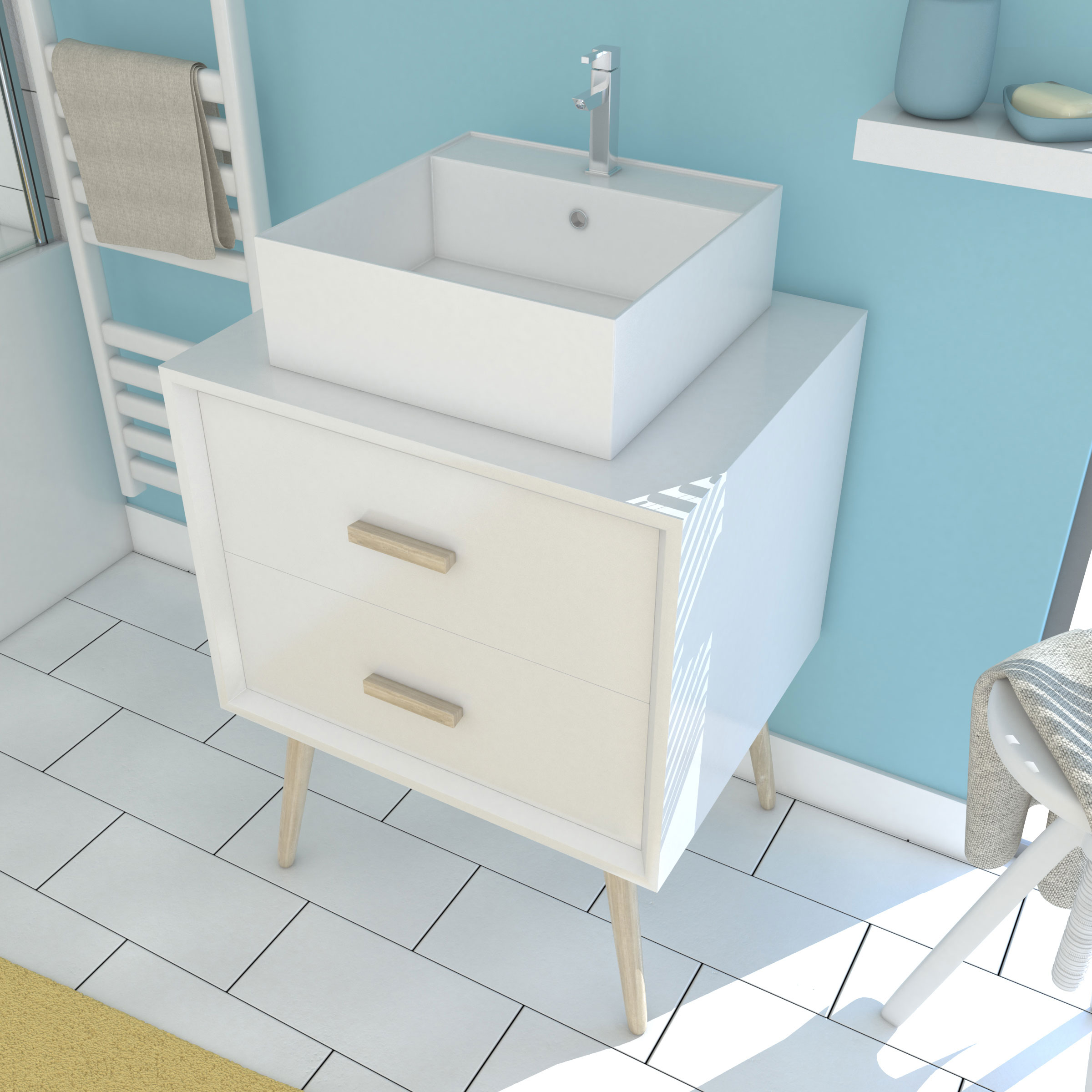 MEUBLE SALLE DE BAIN SCANDINAVE BLANC 60 CM SUR PIEDS AVEC TIROIR ET VASQUE A POSER-NORDIK BASIS 60