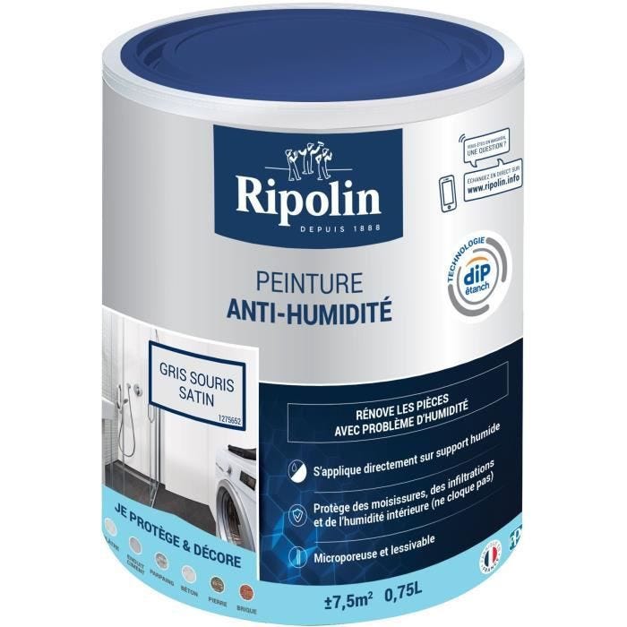 Peinture anti-humidité acrylique satin gris souris 0,75 L - RIPOLIN 0