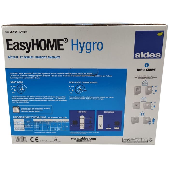 Kit VMC simple flux hygroréglable - EasyHOME HYGRO COMPACT PREMIUM MW ALDES - 11033051 Kit avec centrale VMC + 1 bouche cuisine à déclenchement par 4