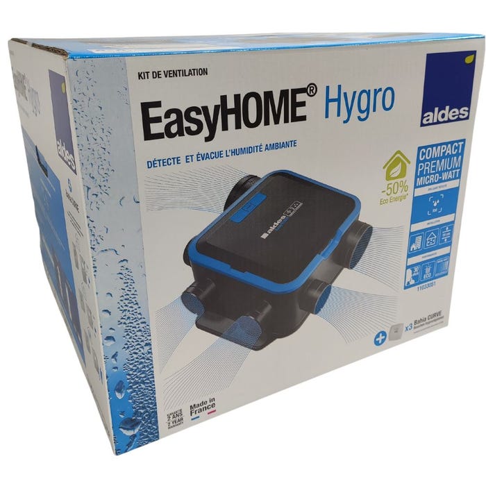 Kit VMC simple flux hygroréglable - EasyHOME HYGRO COMPACT PREMIUM MW ALDES - 11033051 Kit avec centrale VMC + 1 bouche cuisine à déclenchement par 3