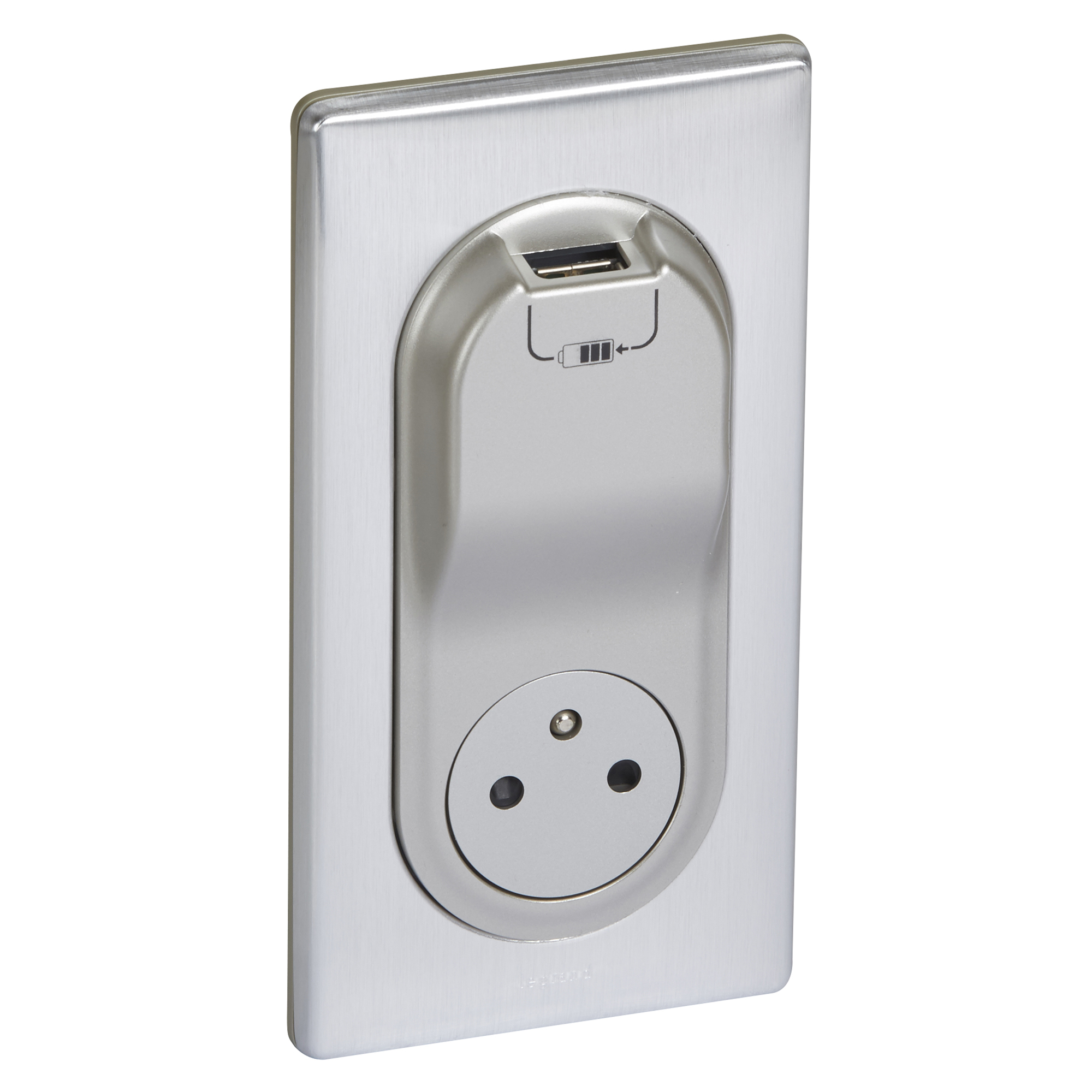 Prise de courant affleurante 2P+T 16A + chargeur USB avec boîte d'encastrement complet Céliane - Aluminium
