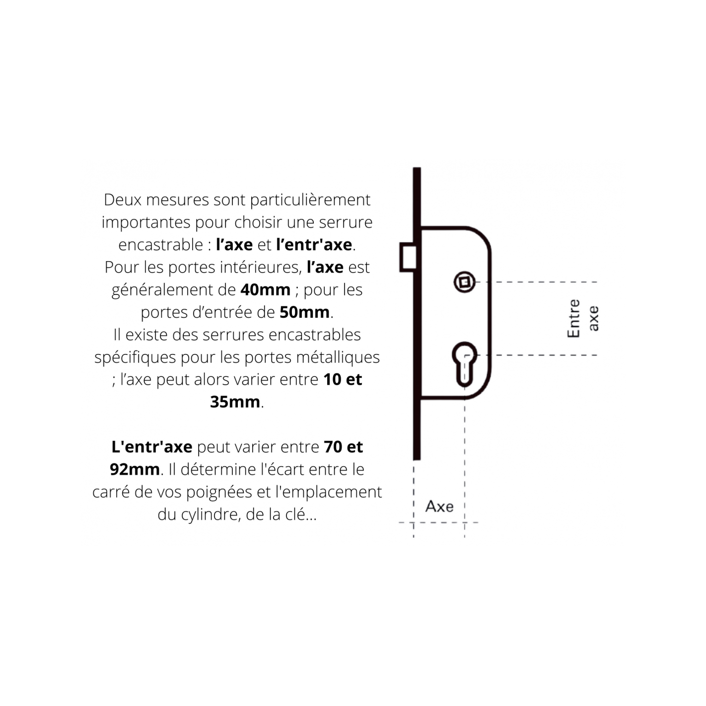 THIRARD - Serrure encastrable à clé pour porte de chambre, axe 40mm, bouts ronds, blanc, 1 clé 2