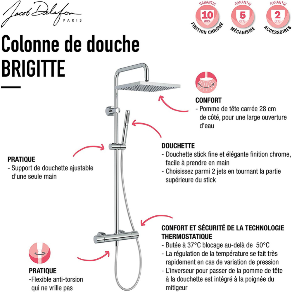 Colonne de douche thermostatique JACOB DELAFON Brigitte chromé