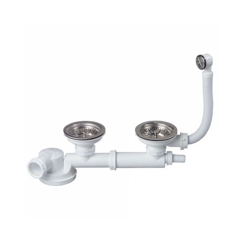 Vidage pour évier 2 bacs Ø90 mm (grès, synthèse, inox) extra-plat avec trop-plein