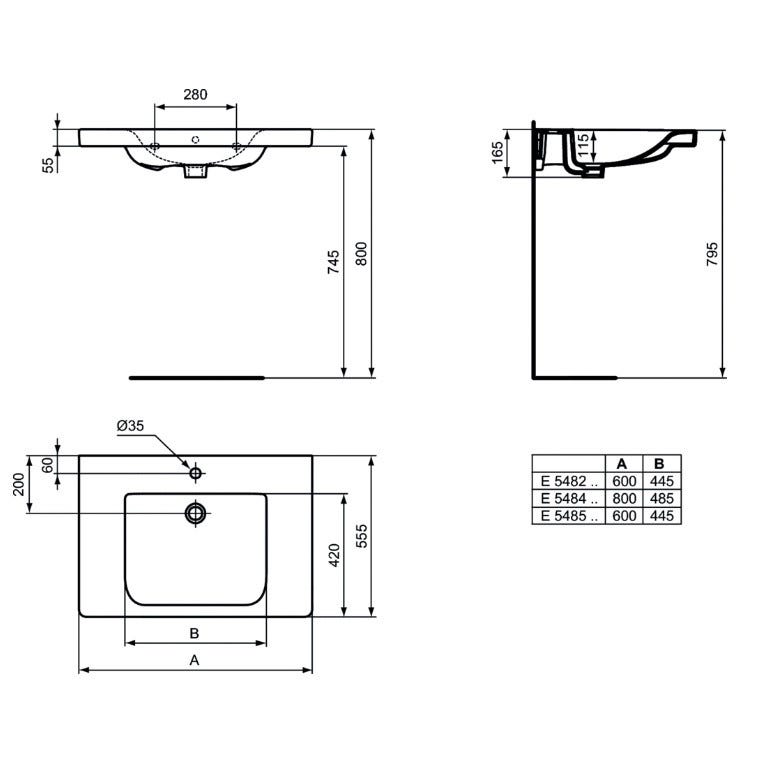 Ideal Standard - Lavabo-plan pour PMR en porcelaine percé 1 trou 60x55,5cm - CONNECT Ideal standard 1