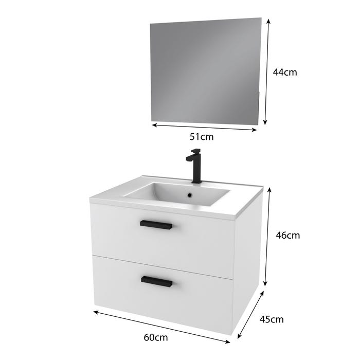 Meuble salle de bain 60 cm suspendu 2 tiroirs Blanc avec vasque et miroir - BOX-IN 60 WHITE 3