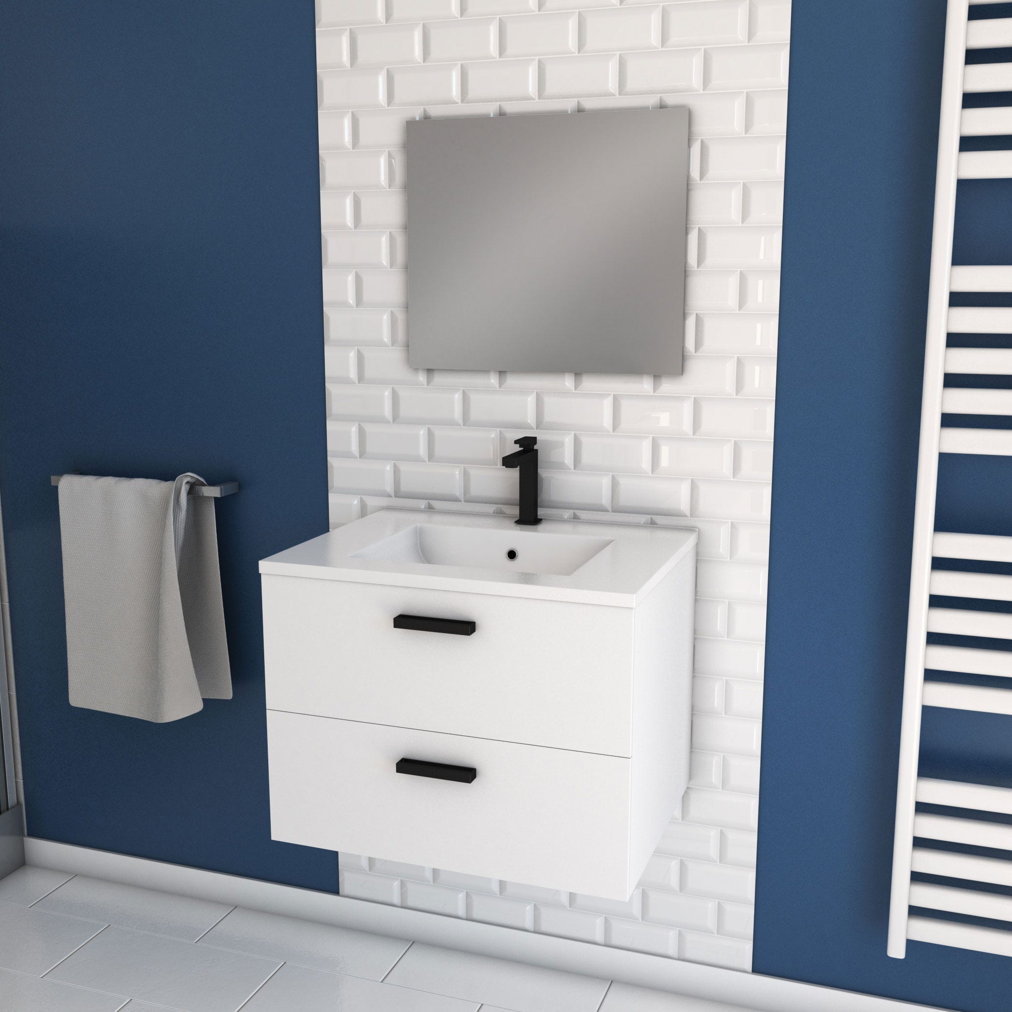 Meuble salle de bain 60 cm suspendu 2 tiroirs Blanc avec vasque et miroir - BOX-IN 60 WHITE 0