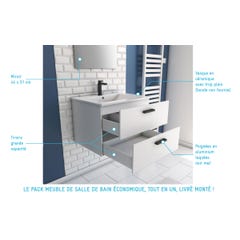 Meuble salle de bain 60 cm suspendu 2 tiroirs Blanc avec vasque et miroir - BOX-IN 60 WHITE 2