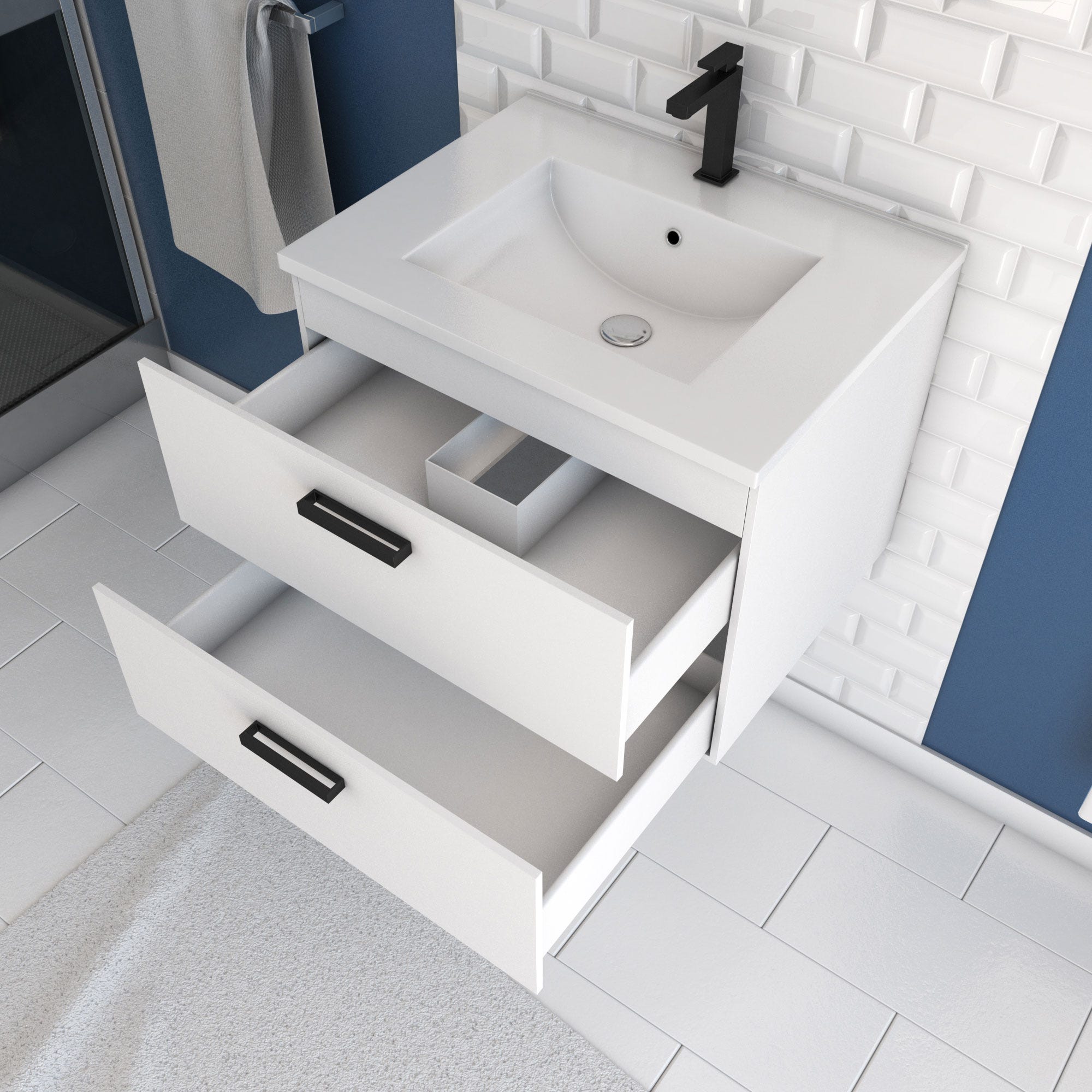 Meuble salle de bain 60 cm suspendu 2 tiroirs Blanc avec vasque et miroir - BOX-IN 60 WHITE 1