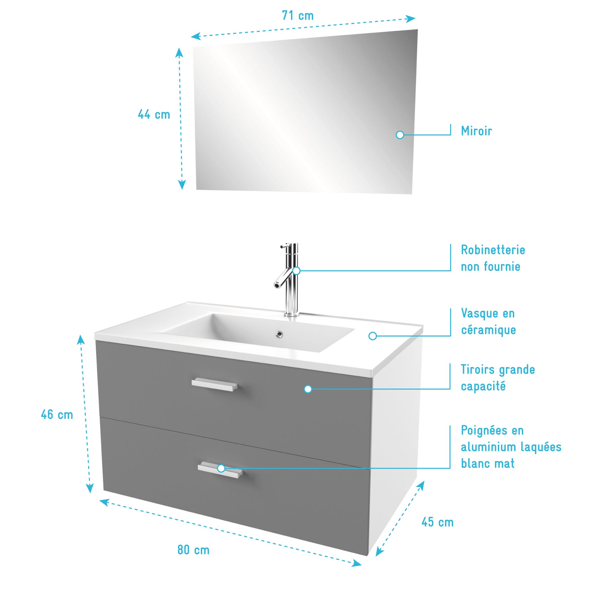 Meuble salle de bain 80 cm monte suspendu gris H46xL80xP45cm - avec tiroirs - vasque et miroir 3