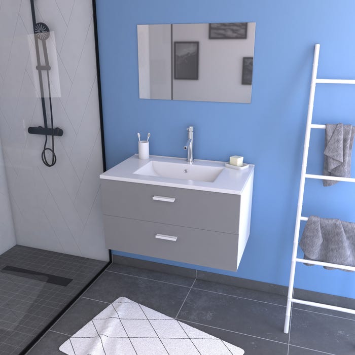 Meuble salle de bain 80 cm monte suspendu gris H46xL80xP45cm - avec tiroirs - vasque et miroir 0