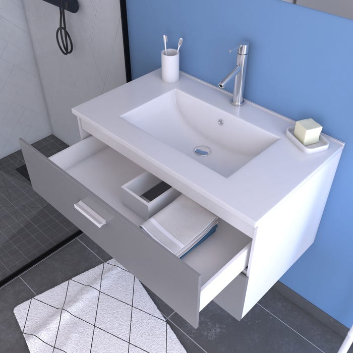 Meuble salle de bain 80 cm monte suspendu gris H46xL80xP45cm - avec tiroirs - vasque et miroir 1