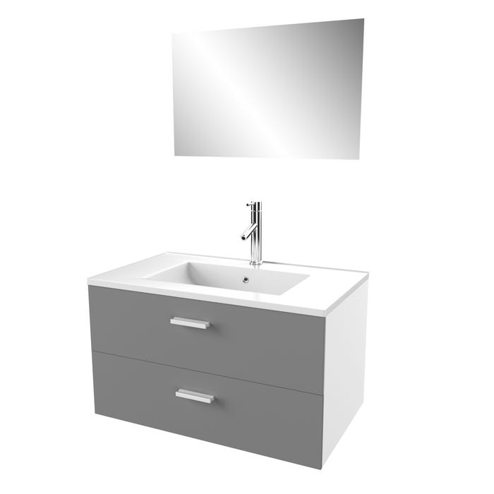 Meuble salle de bain 80 cm monte suspendu gris H46xL80xP45cm - avec tiroirs - vasque et miroir 2