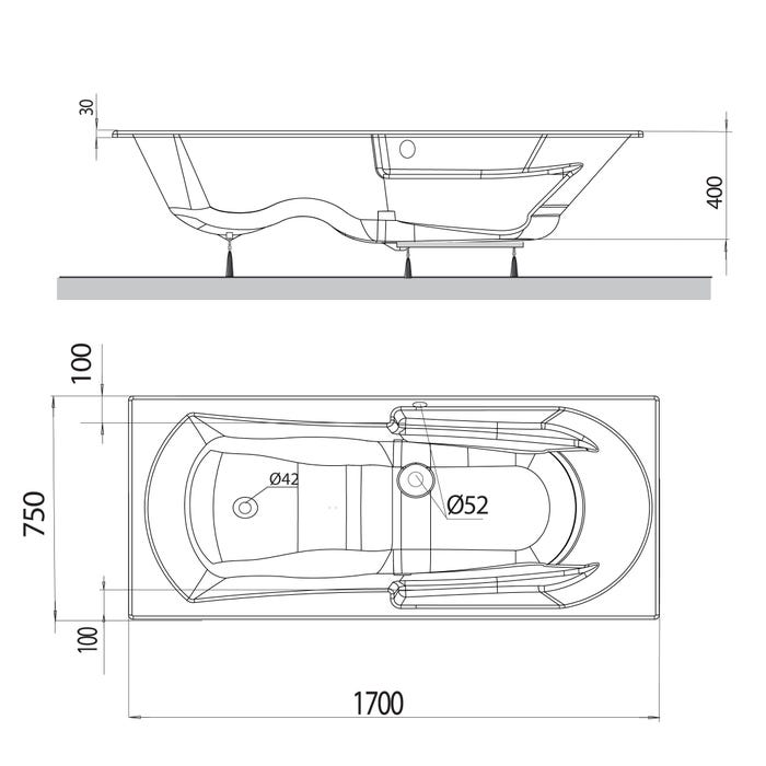 Baignoire rectangulaire MOOVANCE - Double dos et siège intégré 170 x 75 cm 3