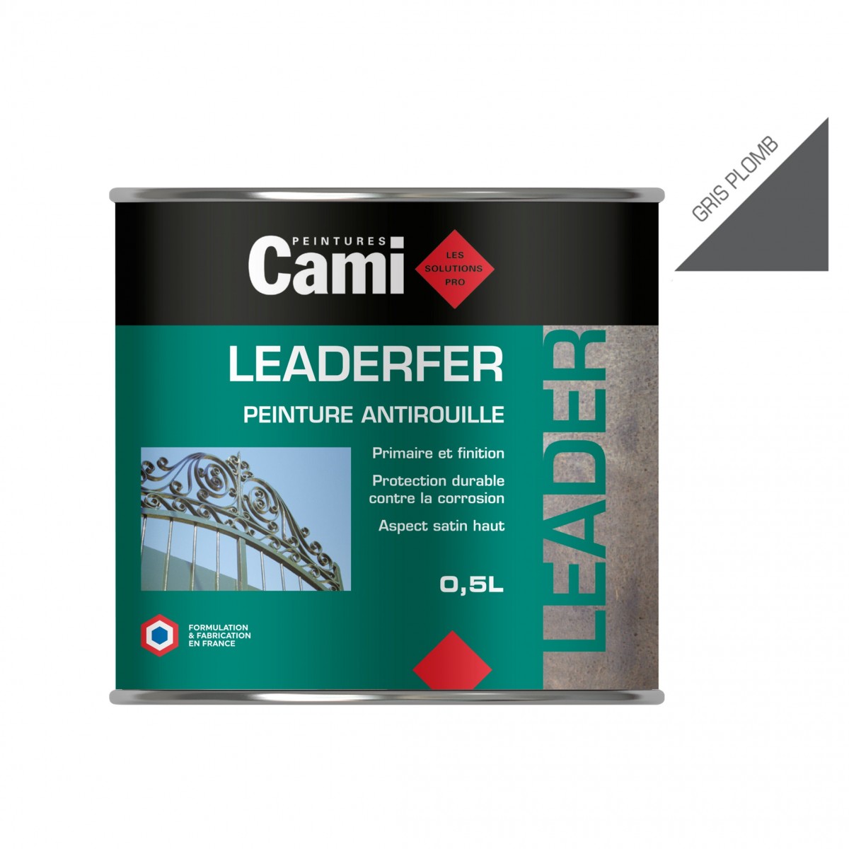 LEADERFER gris plomb 0,5L -Laque antirouille brillante pour toutes vos ferrures- CAMI