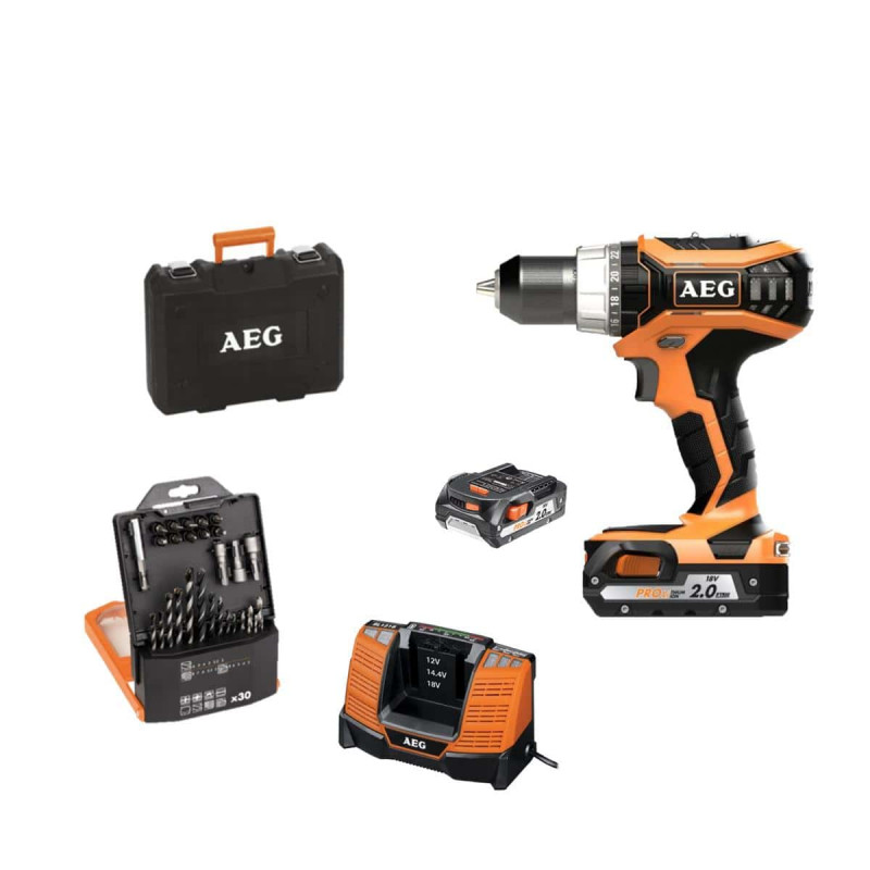 Perceuse à percussion AEG 18V - 2 batteries 2.0 Ah - chargeur - Coffret d'accessoires 30 pièces BSB18C2LI-202CKIT1