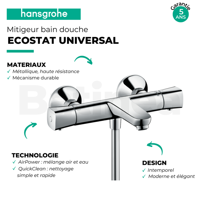 Universal Mitigeur thermostatique bain/douche 194mm 2 sorties 10bar maxi Ecostat Hansgrohe 6