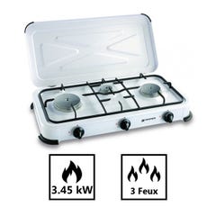 Réchaud gaz portable 3 feux 3450W Blanc laqué Couvercle Plaque de cuisson KEMPER 2