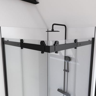 Paroi porte de douche type industriel ouverture d'angle profiles noir mat - verre trempe 8mm 1