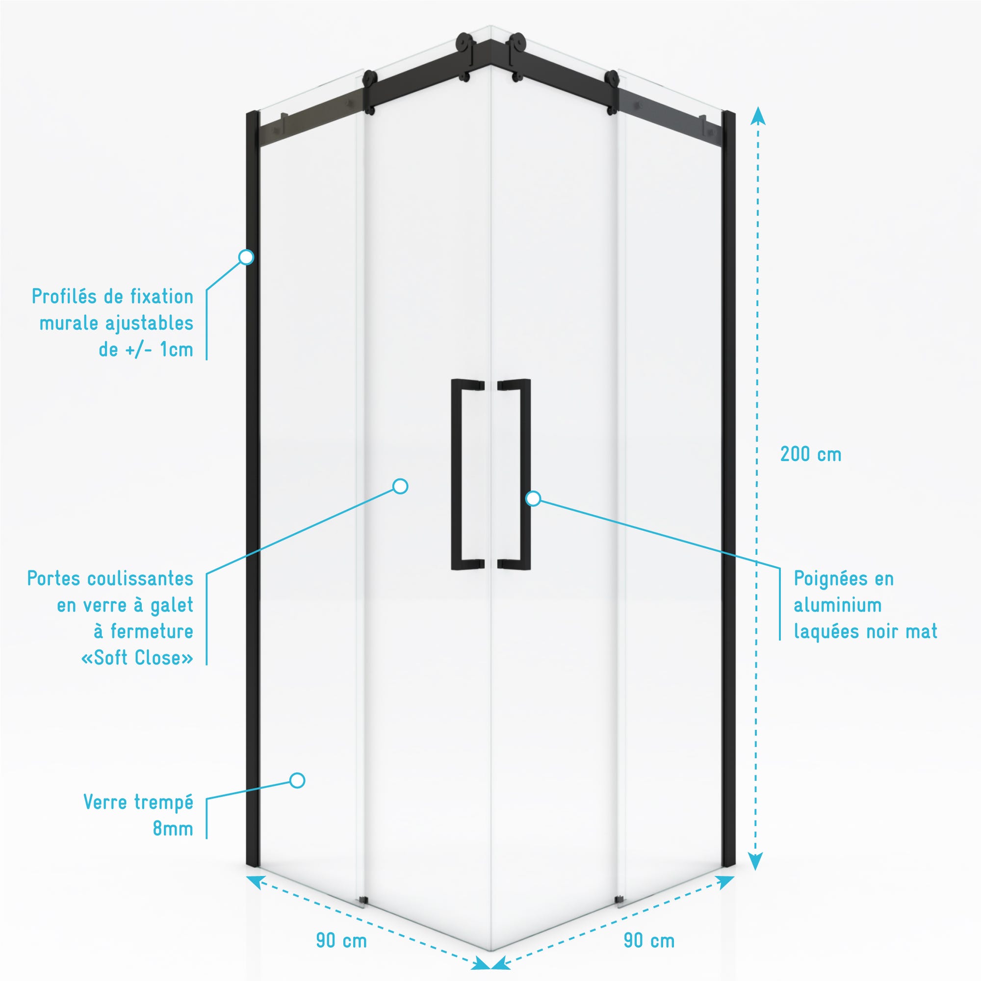 Paroi porte de douche type industriel ouverture d'angle profiles noir mat - verre trempe 8mm 3