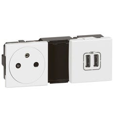 Prise de courant 2P+T surface + chargeur 2 USB type-A MOSAIC 2x2 modules blanc - LEGRAND - 077595