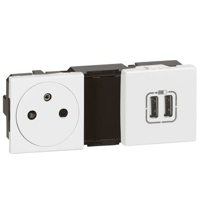 Prise de courant 2P+T surface + chargeur 2 USB type-A MOSAIC 2x2 modules blanc - LEGRAND - 077595 0