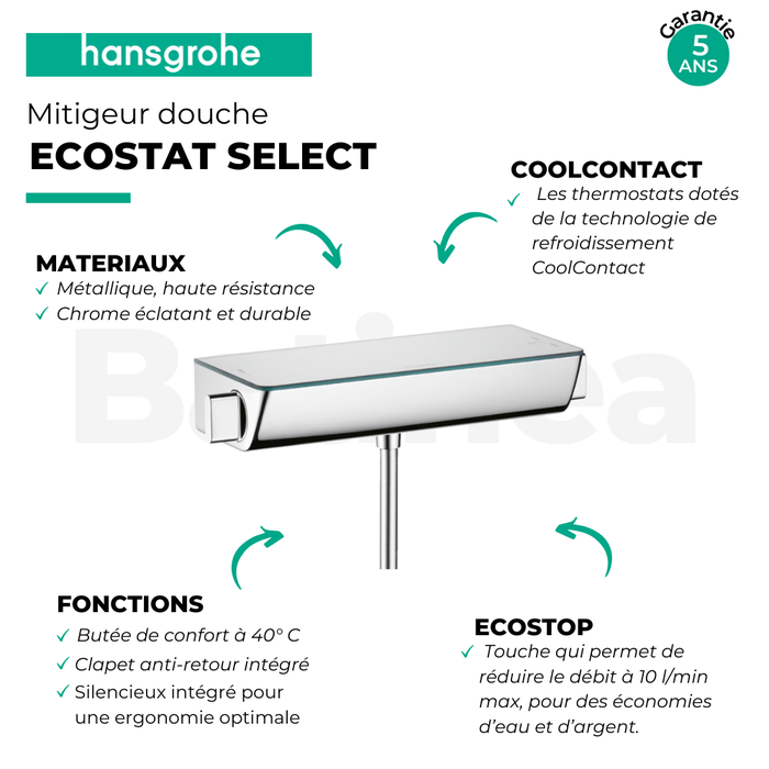 Mitigeur thermostatique de douche à tablette verre Ecostat Select finition chromé Hansgrohe 2