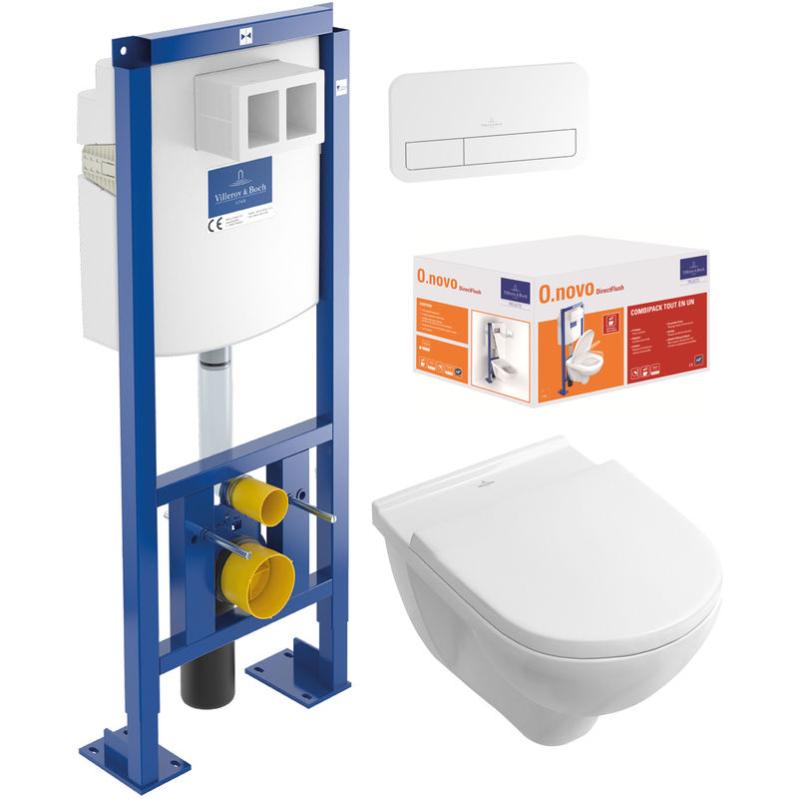 Villeroy & Boch Pack WC suspendu sans bride O.novo + abattant + plaque blanche + bâti Villeroy & Boch