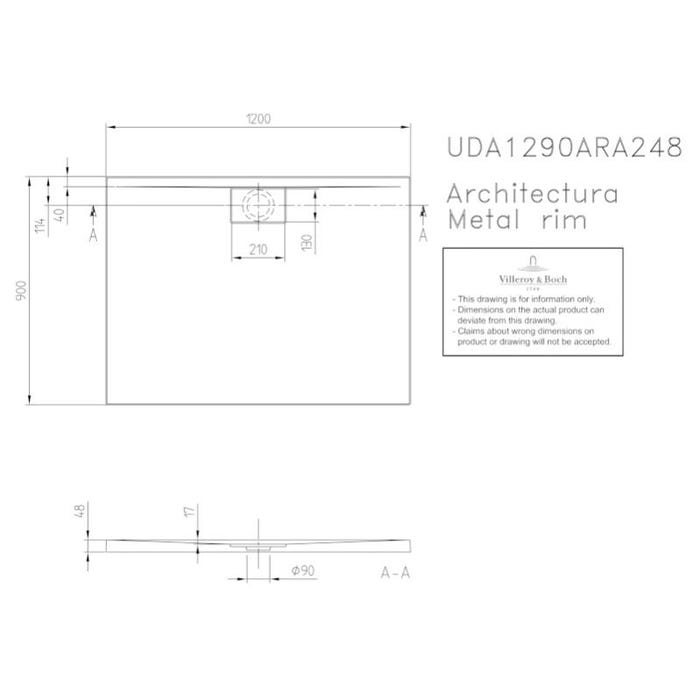 Villeroy & Boch Receveur Architectura Metalrim, 1200 x 900 x 48 mm, blanc (UDA1290ARA248V-01) 2