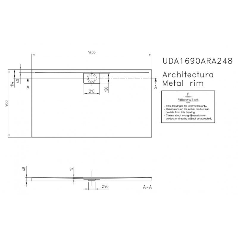 Receveur 160 x 90 x 4,8 VILLEROY ET BOCH Architectura Metalrim acrylique rectangle blanc 4
