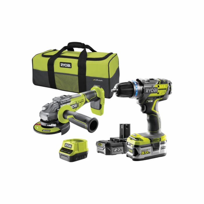Pack RYOBI Brushless perceuse-visseuse à percussion 18V One+ - Meuleuse d'angle 125 mm 18V One+ - 2 batteries 1 chargeur rapide R18CK2BL-252S 0