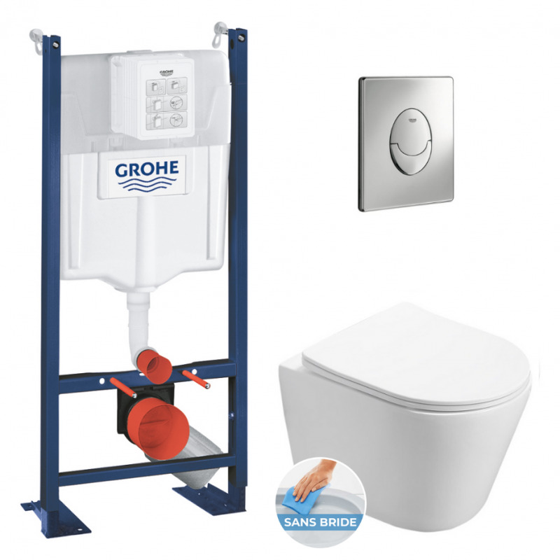 Grohe Pack WC Bâti autoportant + WC Swiss Aqua Technologies Infinitio sans bride + Plaque chrome (ProjectInfinitio-2)