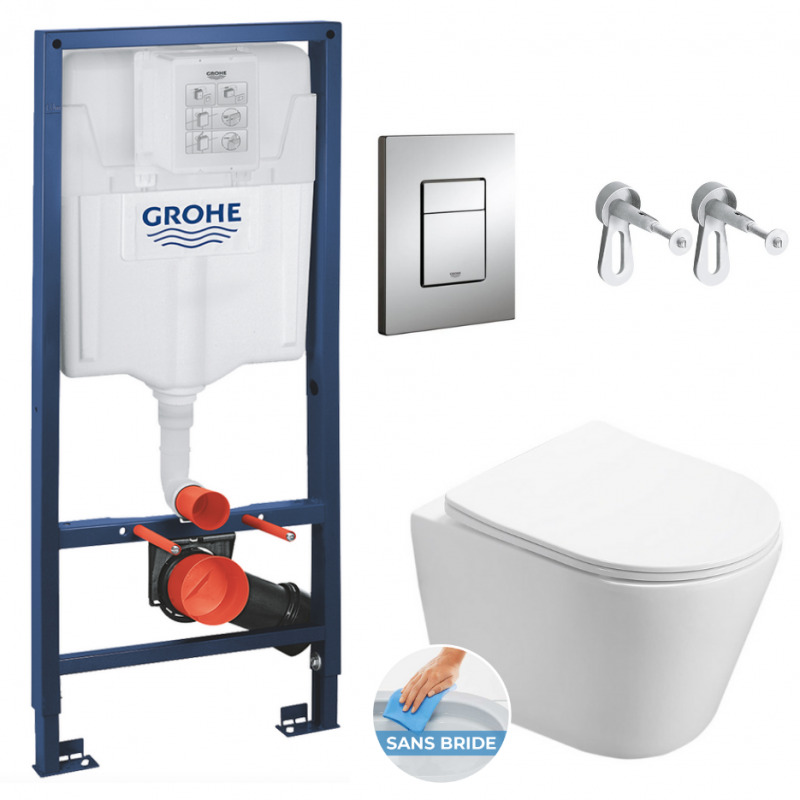 Grohe Pack WC Bâti-support + WC Swiss Aqua Technologies Infinitio sans bride, fixation invisible + Plaque chrome