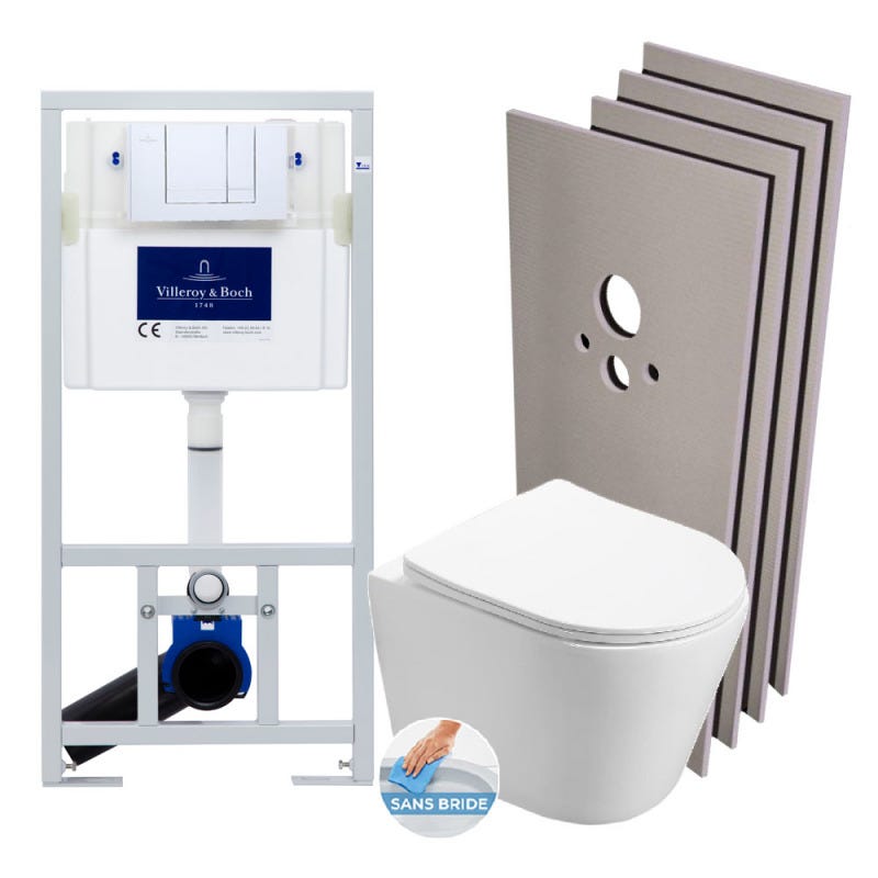 Villeroy & Boch Pack WC Bâti-support + WC SAT sans bride et fixations invisibles + Plaque chrome + Set habillage 0
