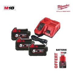 Pack NRJ Milwaukee 18V 5.0Ah 3 batteries 18V 5.0Ah 1 chargeur M12-18FC - 1 batterie M12 2.0Ah OFFERTE 4933451423 0