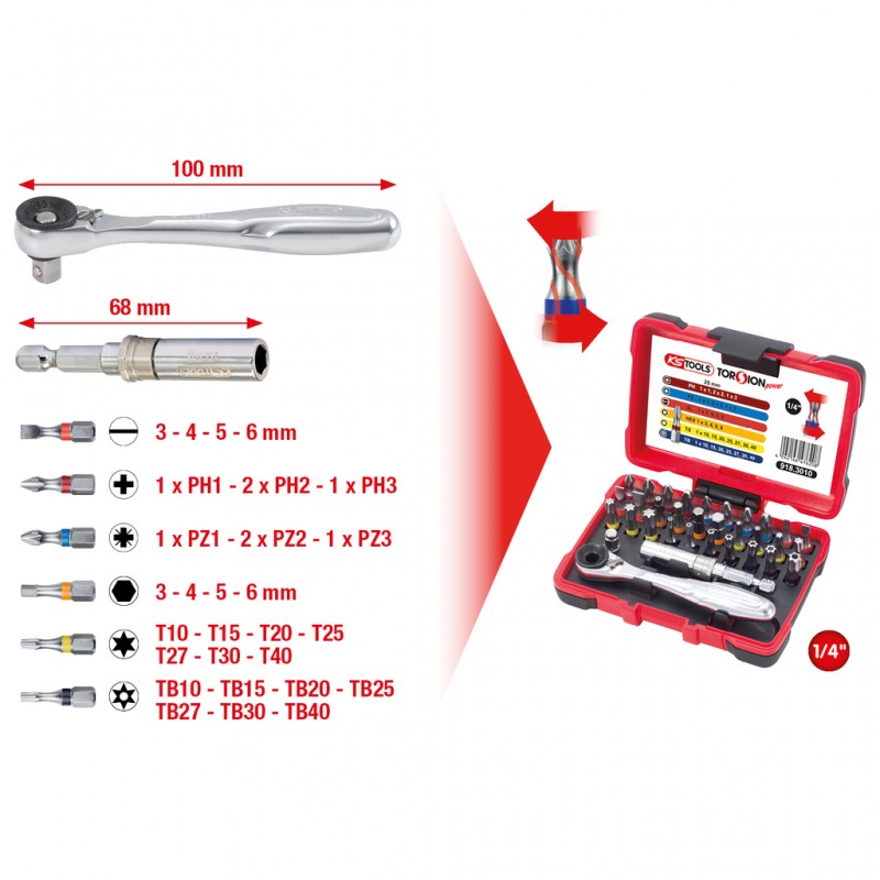 KS TOOLS 918.3010 Coffret de 32 embouts de vissage 1/4'' à code couleur TORSIONpower