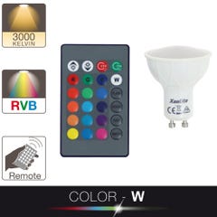 Ampoule LED spot, culot GU10, 4,2W cons. (27W eq.), lumière blanc chaud ou lumière RVB avec sa télécommande 3
