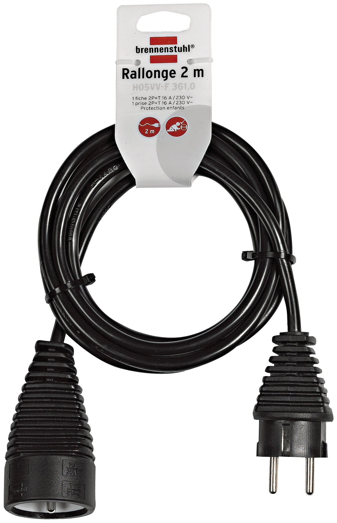 Rallonge électrique avec fiche plate 2m H05VV-F 3G1,5 noir