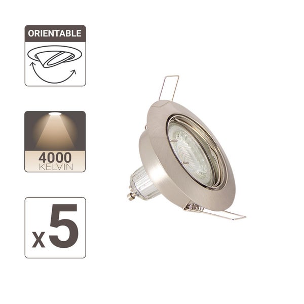 Lot de 5 Spots Encastrés Metal brossé - ORIENTABLE - Ampoule LED GU10 incluses - cons. 5W (eq. 50W) - 345 lumens - Blanc neutre 3