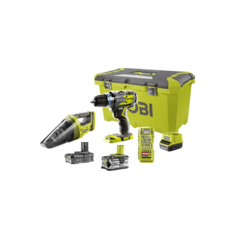 Perceuse-visseuse à percussion RYOBI 2 vitesses 18V Brushless - Aspirateur à main - 2 Batteries 5,0 Ah et 2,0 Ah - 1 chargeur rapide R18PDBL-252VTA55