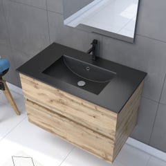 Meuble salle de bain 80x54 - Finition chene naturel + vasque noire + miroir Led - TIMBER 80 - Pack33 1