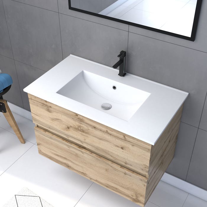 Meuble salle de bain 80x54 - Finition chene naturel + vasque blanche + miroir - TIMBER 80 - Pack 35 1