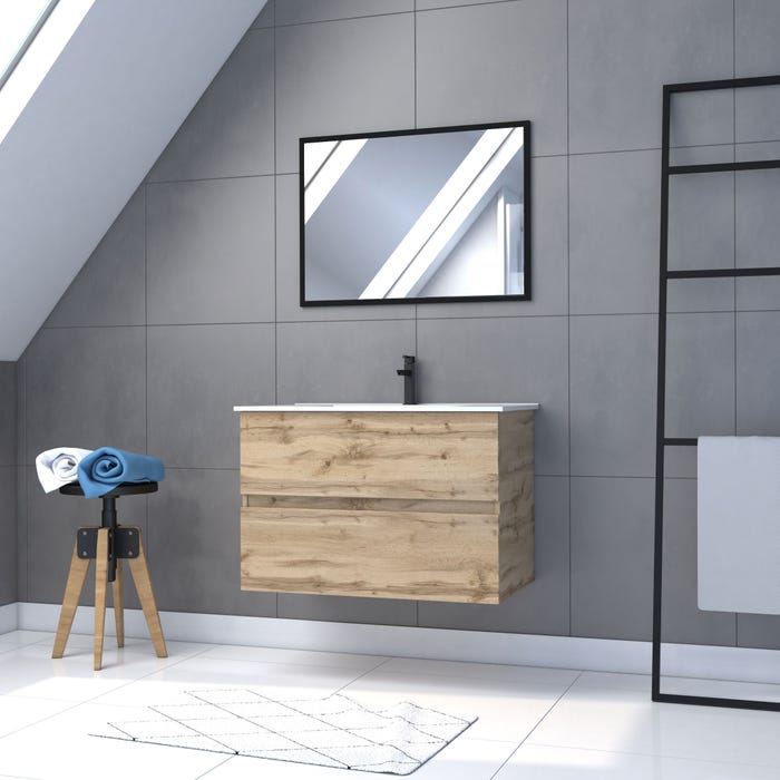 Meuble salle de bain 80x54 - Finition chene naturel + vasque blanche + miroir - TIMBER 80 - Pack 35 0