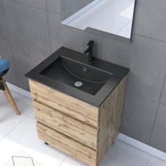 Meuble salle de bain 60x80 - Finition chene naturel + vasque noire + miroir Led - TIMBER 60 - Pack39 1