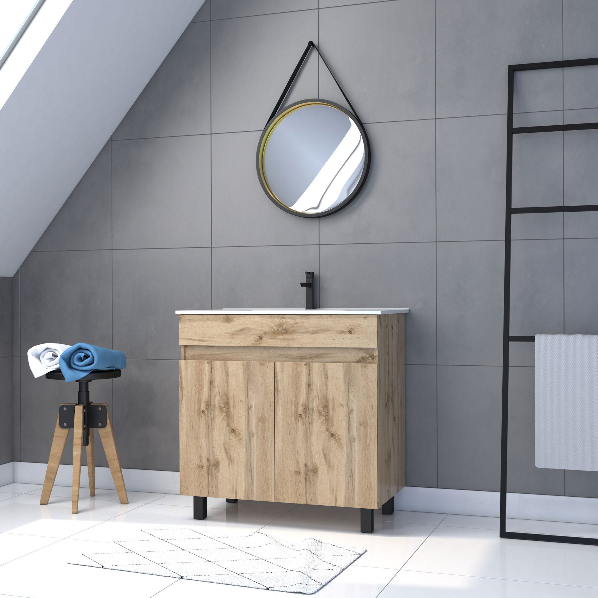 Meuble salle de bain 80x80 -Finition chene naturel + vasque blanche + miroir barber-TIMBER 80-Pack28 0