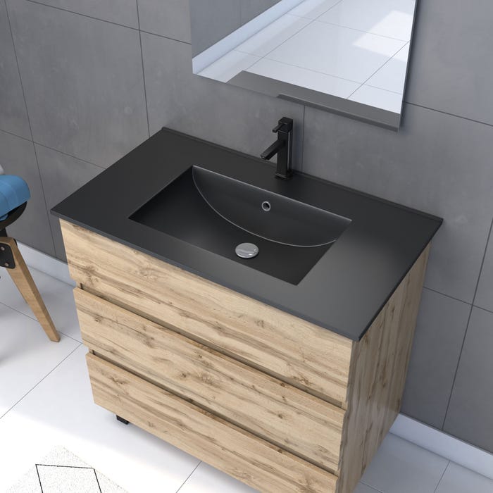 Meuble salle de bain 80x60 - Finition chene naturel + vasque noire + miroir Led - TIMBER 80 - Pack43 1